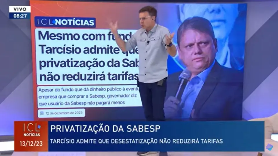 Tarcísio diz que venda da Sabesp não garante redução de tarifa. Mais uma promessa não cumprida na privatização de serviços essenciais no Brasil